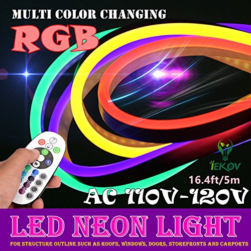 LED NEON Light, IEKOV AC 110-120V Flexible RGB LED Neon Light Strip, 60 LEDs/M, Waterproof, Multi Color Changing 5050 SMD LED Rope Light + Remote Controller for Home Decoration (16.4ft/5m)