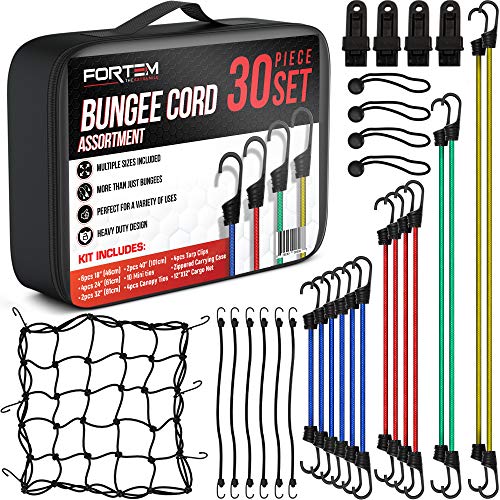 FORTEM Bungee Cords with Hooks, 30pc Set, Canopy Ties, Tarp Clips & Ball Bungees, Plastic Coated Metal Hooks, Cargo Net, Heavy Duty