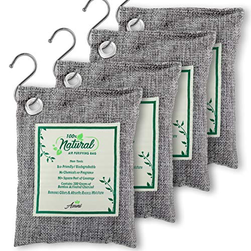 Air Purifier Bags with Bamboo Activated Charcoal (Purifying Pack of 4) | Natural Air Freshener Deodorizer | Moisture Absorber and Odor Eliminators for Home, Car, Refrigerator, Closet (200g Each)