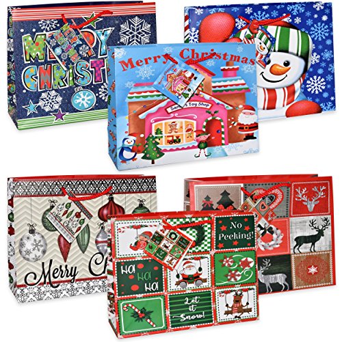 12 Small Christmas Gift Bags Bulk Variety Assortment Goody Bag Set with Handles and Tags for Wrapping Holiday Gift with Horizontal Wide Opening