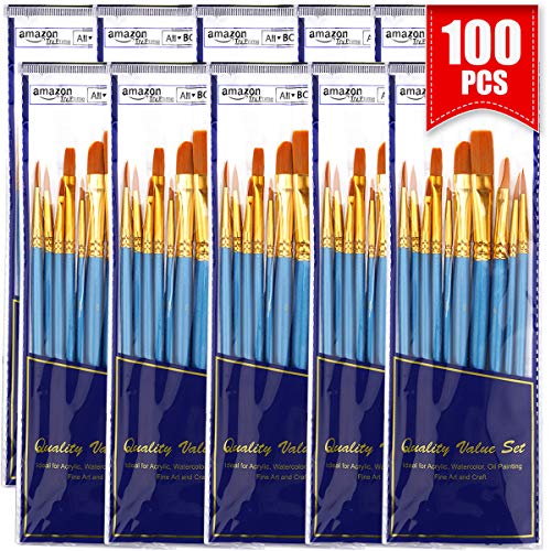 BOSOBO Round-Pointed Paintbrush Sets, 10 Pack / 100 pcs Fine Tip Nylon Hair Wooden Handle Detail Artist Paint Brushes in Bulk for Acrylic Watercolor Oil Painting, Craft Ceramics Face Painting, Blue