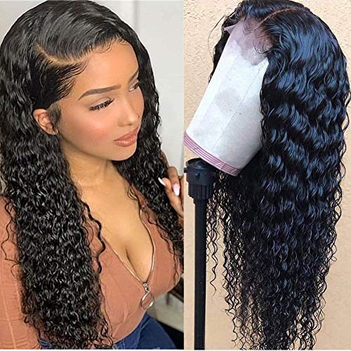 Deep Wave Human Hair Wigs Pre Plucked Curly Lace Front Wigs Transaprent Human Hair Lace Front Wig for Women Wet Wavy Lace Wigs with Baby Hair 130% Density 14 inch