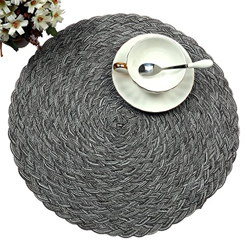 Topotdor Round Placemats Heat-Resistant Stain Resistant Anti-Skid Washable Polyproplene Table Mats Placemats (Braided-Gray, Set of 4)