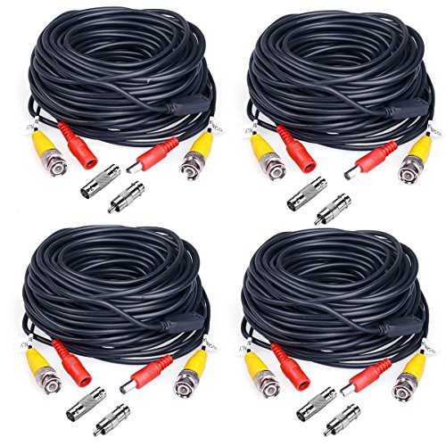 JZTEK 4 Pack 60ft BNC Video Exension Power Cable Cord Pre-Made All-in-One Coaxial Cable with 8pcs BNC to RCA Connectors for DVR Video Camera Security System Wire(Black)