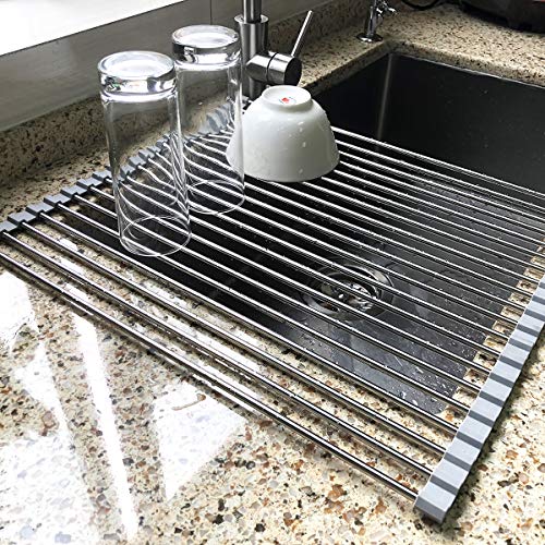 17.7' x 15.5' Large Dish Drying Rack, Attom Tech Home Roll Up Dish Racks Multipurpose Foldable Stainless Steel Over Sink Kitchen Drainer Rack for Cups Fruits Vegetables