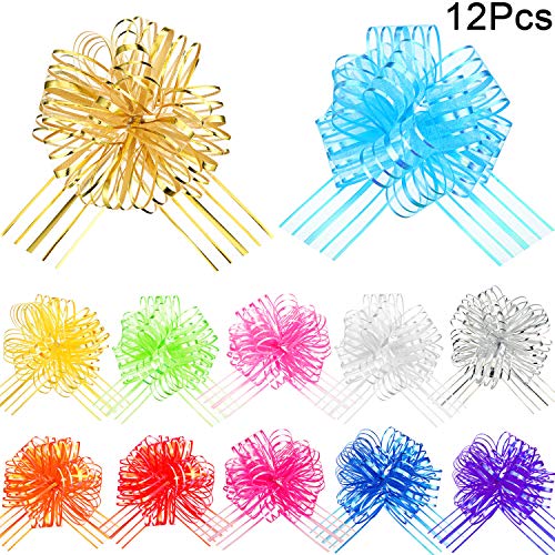 Pull Bow Large Organza Pull Bow Gift Wrapping Pull Bow with Ribbon for Wedding Gift Baskets, 6 Inches Diameter (Mixed Color, 12 Pieces)