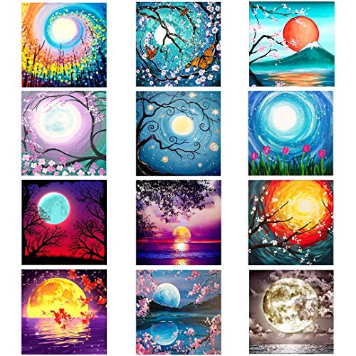 XPCARE 12 Pack 5d Diamond Painting Kits Round Full Drill Acrylic Embroidery Cross Stitch for Home Wall Decor Moon(Canvas 12X12In)