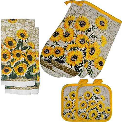 FSTIKO Farmhouse Sunflower Deocr Kitchen Linen Set 6Pcs Includes 2 Oven Mitts and 2 Pot Holders, 2 Dishcloth Kitchen Towel Set for Kitchen Cooking Baking BBQ (Set of 6 Piece)
