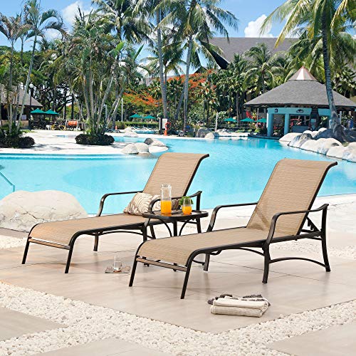 LOKATSE HOME Outdoor Patio Adjustable Metal Chaise Lounge Chair Recliner Set of 2 with 1 Glass Top Bistro Table - Beige