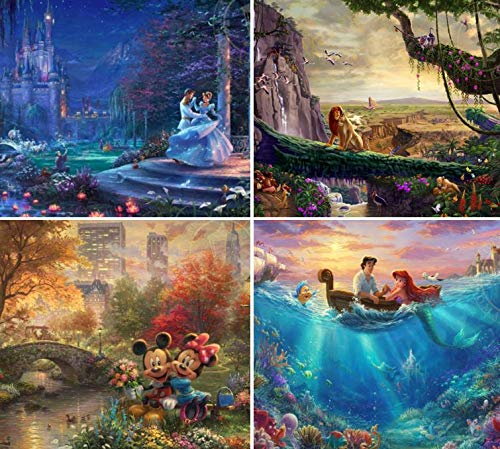 Ceaco Thomas Kinkade The Disney Collection 4 in 1 Multipack Cinderella, The Lion King, Mickey and Minnie Mouse, The Little Mermaid Jigsaw Puzzles, (4) 500 Pieces