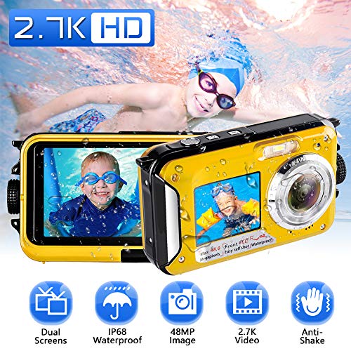 Waterproof Camera Underwater Camera Full HD 2.7K 48 MP Camera Selfie Dual Screens Point and Shoot Camera Selfie Dual Screen Waterproof Camera for Snorkeling