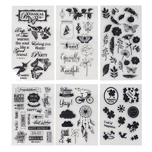 Honbay 6 Sheets Different Theme Friendly Phrases Pretty Patterns Silicone Clear Stamps for Card Making Decoration and Scrapbooking