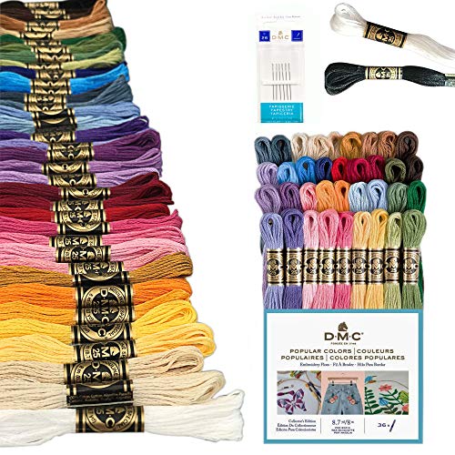 DMC Embroidery Floss Pack, Popular Colors, DMC Embroidery Thread, DMC Floss Kit Include 36 Assorted Color Bundle with DMC Mouline Cotton White/Black and DMC Cross Stitch Hand Needles.