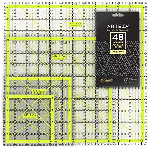 ARTEZA Acrylic Quilters Ruler & Non Slip Rings - Double-Colored Grid Lines (4.5'X4.5', 6'X6', 9.5'X9.5', 12.5'X12.5', Set of 4)