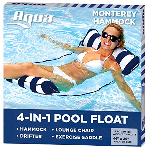 Aqua 4-in-1 Monterey Hammock Inflatable Pool Float, Multi-Purpose Pool Hammock (Saddle, Lounge Chair, Hammock, Drifter) Pool Chair, Portable Water Hammock, Navy/White Stripe