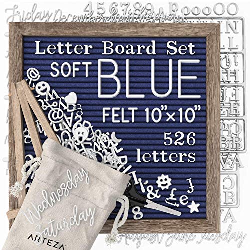 ARTEZA Blue Felt Letter Board Set, 10x10 Inches, with 526 Changeable Letters, 164 Symbols, 33 Cursive Words, Wooden Stand, Scissors & Storage Bag, Message Board for Signs, Decor & Menus