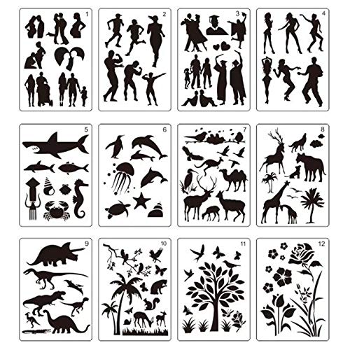 12 Sheets Animals Stencils Templates Reusable Painting Template People Animals Plants Plastic Journaling Stencils 70 Different Patterns for Children Creation, Painting Education, Kids DIY Crafts