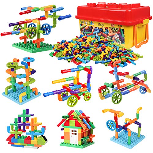 414 Pieces Toy Pipe, Creative STEM Tube Locks Construction with Wheels and Mini Baseplate, Interlocking Educational Sensory Kit, Preschool Learning Toys for Boy and Girls Ages 3+