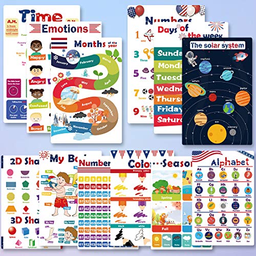 12 Pcs Educational Preschool Posters for Kids Toddlers with Glue point dot, Early Learning Charts for Nursery Homeschool Kindergarten Classroom Decorations, Alphabet Colors Numbers Shapes Laminated Posters [16.7'X 11.2']