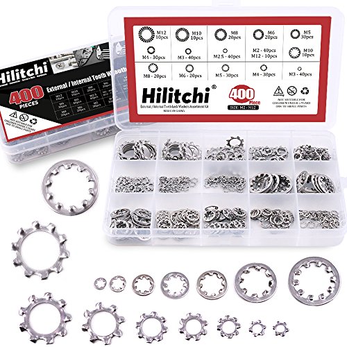 Hilitchi 400-Pcs [8-Size] 304 Stainless Steel External Internal Tooth Star Lock Washers Assortment Kit - Included: M2 M3 M4 M5 M6 M8 M10 M12