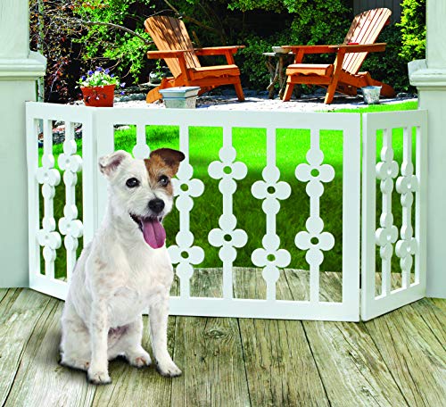 Etna White Floral Wooden Pet Gate - Freestanding Foldable Adjustable 3-Section Dog Gate. Extra Wide, Keeps Pets Safe Indoors/Outdoors - Fully Assembled