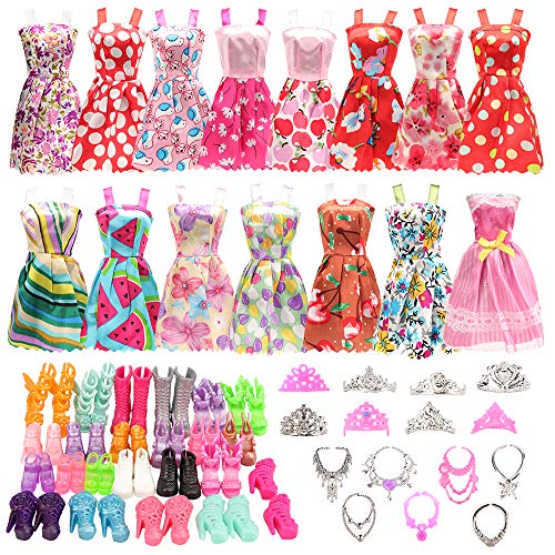 BARWA 32 pcs Doll Clothes and Accessories 10 pcs Party Dresses 22 pcs Shoes, Crown, Necklace Accessories for 11.5 inch Doll