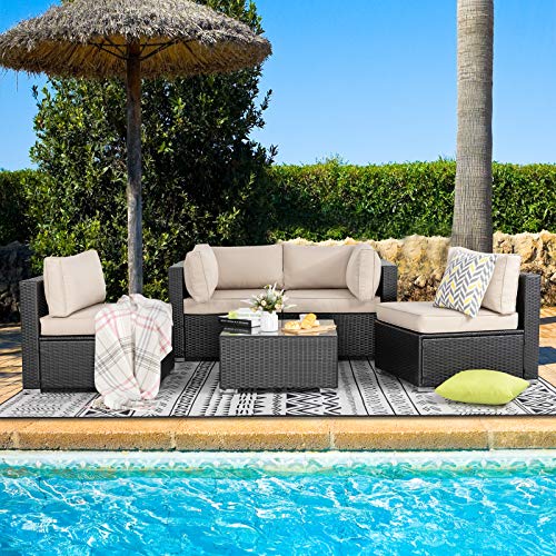 Vongrasig 5 Pieces Patio Furniture Set, All-Weather Outdoor sectional,PE Outdoor Patio Sofa Set, Wicker Rattan Garden Couch Set, Outdoor Conversation Sofa Set, Outside with Glass Table,Khaki