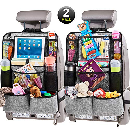Helteko Backseat Car Organizer - Kick Mats Back Seat Protector with 10' Tablet Holder - Car Back Seat Organizer for Kids - Car Travel Accessories - Kick Mat with 8 Storage Pockets, Gray (2 Pack)