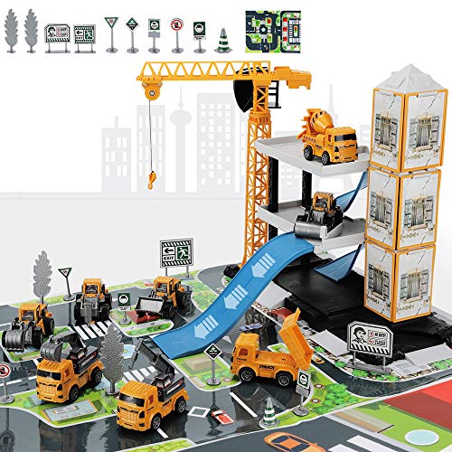 Construction Toys - TEMI Kids Construction Site Vehicles Toy Set with Play Mat for 3+ Years Old Boys Engineering Educational Playset Tractor, Digger, Crane, Dump Trucks, Excavator, Steamroller