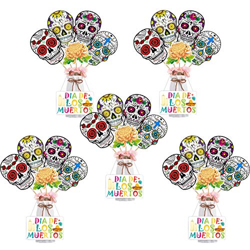 24 Pieces Day of The Dead Decoration Special Sugar Skull Party Centerpiece Sticks Dia De Los Muertos Table Toppers Cutouts for Sugar Skull Halloween Party Supplies