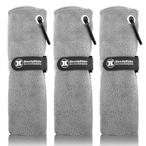 Handy Picks Microfiber Golf Towel (16' X 16') with Carabiner Clip, Hook and Loop Fastener - The Convenient Golf Cleaning Towel Pack (Grey, Pack of 3)