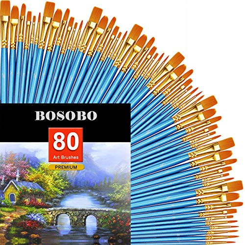 BOSOBO Pointed-Round Paint Brushes, 8 Sets of 10 Pieces Fine Tip Nylon Hair Miniature Paint Brushes for Acrylic Oil Watercolor Gouache, Artist Face Nail Body, Paint by Numbers, Model Craft & Rock Art