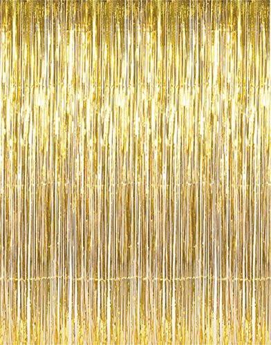 GOER 3.2 ft x 9.8 ft Metallic Tinsel Foil Fringe Curtains for Party Photo Backdrop Wedding Decor (1 Pack, Gold)