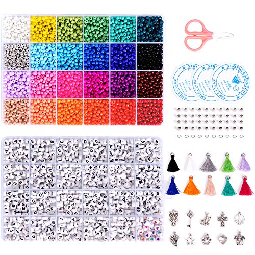 WeeYo 5060+pcs Jewelry Making Kit, Glass Seed Beads for Bracelet Making, Hair Beads, Include 3800pcs Seed Beads(4mm) in 24 Colors, 1200 Alphabet Beads, 10 Tassels, 40 Metal Spacer Beads, etc.