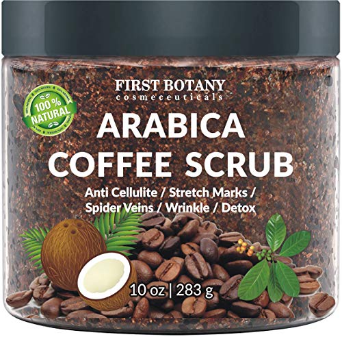100% Natural Arabica Coffee Scrub with Organic Coffee, Coconut and Shea Butter - Best Acne, Anti Cellulite and Stretch Mark treatment, Spider Vein Therapy for Varicose Veins & Eczema 10 oz