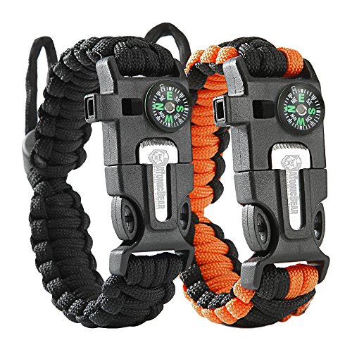 Atomic Bear Paracord Bracelet (2 Pack) – Adjustable Size – Fire Starter – Loud Whistle – Emergency Knife – Perfect for Hiking, Camping, Fishing and Hunting – Black & Black+Orange