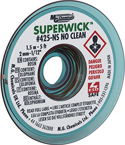 MG Chemicals #3 No Clean Super Wick Desoldering Braid, 0.075' Width x 5' Length, Green