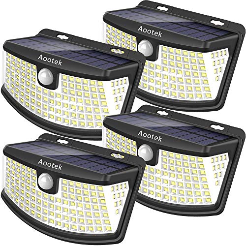 Aootek New solar lights 120 Leds upgraded with lights reflector,270° Wide Angle, IP65 Waterproof, Easy-to-Install Security Lights for Front Door, Yard, Garage, Deck(4pack)