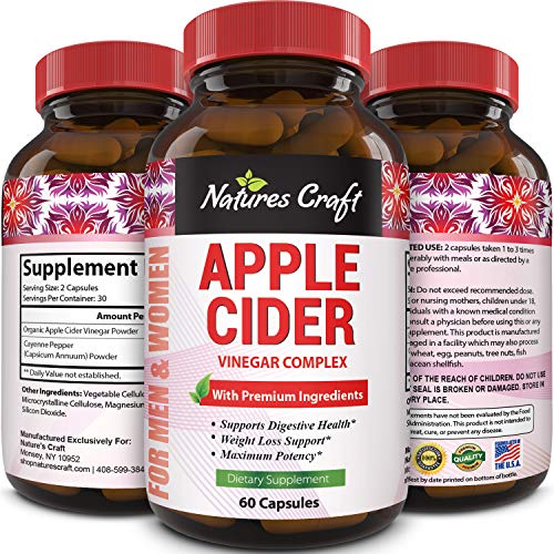 Natures Craft Apple Cider Vinegar Pills – For Weight Loss ACV Capsules Extra Strength Fat Burner Natural Supplement Pure Detox Cleanse Appetite Suppressant Immune Booster – for Women and Men 60 caps