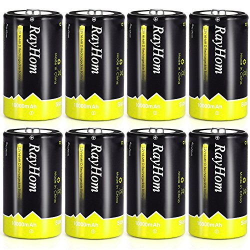 Rechargeable D Batteries 10,000mAh 8Pack - RayHom Rechargeable D Batteries 10,000mAh 1.2V Ni-MH High Capacity High Rate D Cell Size Battery with Box (8 Pack)