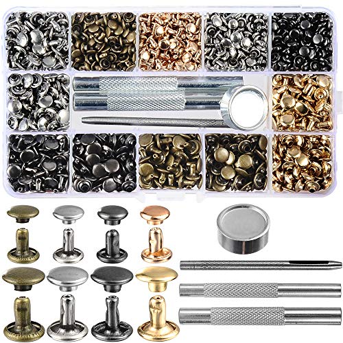 640 Sets Mixed Color Leather Rivets Kit Mixed Size Double Cap Rivets Garment Rivets with Rivet Press Setter Tool for Leather Craft Clothing Shoes Belts Bags Accessories 4 Color 2 Sizes