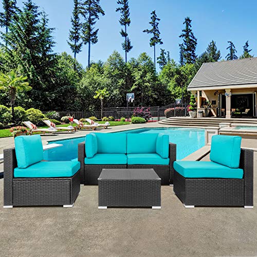 Shintenchi Outdoor Patio Furniture 5 Pieces Sets, All Weather PE Wicker Rattan Patio Conversation Sofa Set Tea Table&Washable Couch Cushions for Backyard Porch Lawn Garden Balcony (Blue)