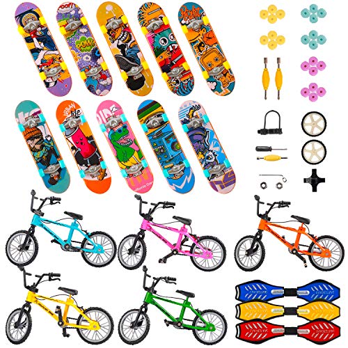 HEHALIs 53Pcs Finger Skateboard Fingerboard Finger Bike Set Mini Skateboard Finger Bicycles with Replacement Wheels and Tools Toy Set as a Gift for Kids 6-12 Year Old and Party Favors