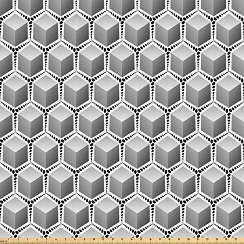 Lunarable Grey Abstract Fabric by The Yard, Geometrical Cubes Pattern with 3D Effect Surrounded with Black Dots, Microfiber Fabric for Arts and Crafts Textiles & Decor, 10 Yards, White and Black