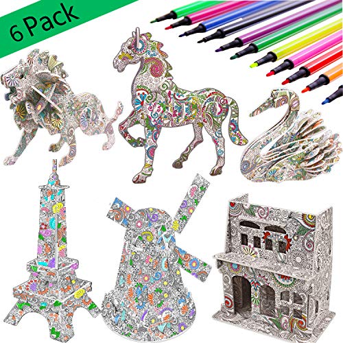 KAZOKU 3D Coloring Puzzle Set,6 Pack Puzzles with 24 Pen Markers, Art Coloring Painting 3D Puzzle for Kids Age 7 8 9 10 11 12. Fun Creative DIY Toys Gift for Girls and Boy