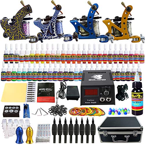 Solong Tattoo Complete Tattoo Kit 4 Pro Machine Guns 54 Inks Power Supply Foot Pedal Needles Grips Tips Carry Case TK453