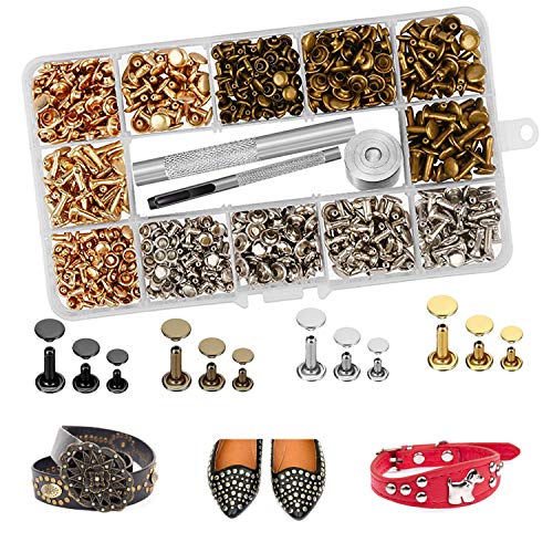 240 Sets Leather Rivets, Double Cap Rapid Rivet Tubular-4 Colors 3 Size Metal Studs Brass Rivets with Setting Tool Kit for DIY Leather Crafts/Shoes/Bag/Jeans/Clothes/Belts Repairs Decoration