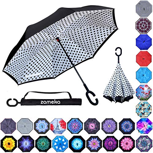 Double Layer Inverted Umbrellas Reverse Folding Umbrella Windproof UV Protection Big Straight Umbrella Inside Out Upside Down for Car Rain Outdoor With C-Shaped Handle