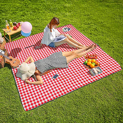 Three Donkeys Machine Washable Extra Large Picnic & Beach Blanket Handy Mat Plus Thick Dual Layers Sandproof Waterproof Padding Portable for the Family, Friends, Kids, 79'x79' (Red and white)