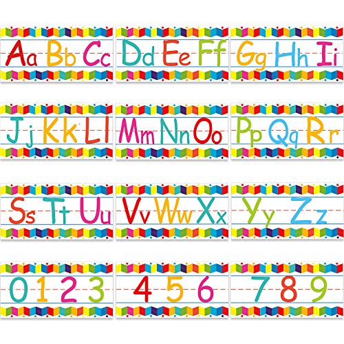 Alphabet Bulletin Board Strips Set Alphabet Number Wall Classroom Decorations Including Numbers 0-9 and Adhesive Dots for Playroom Bedroom Nursery Room Decorations, 12 Sheets